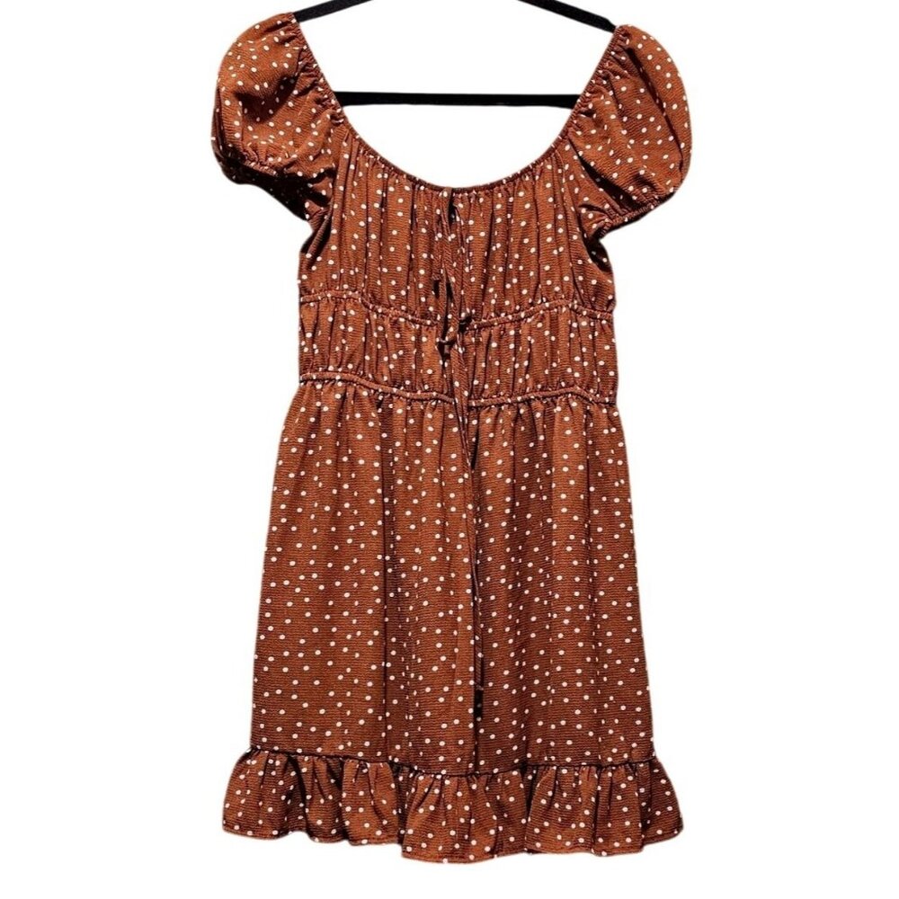 Aeropostale Brown Polka Dot Puff Sleeve Dress Size L Ruffle Hem - Picture 2 of 8